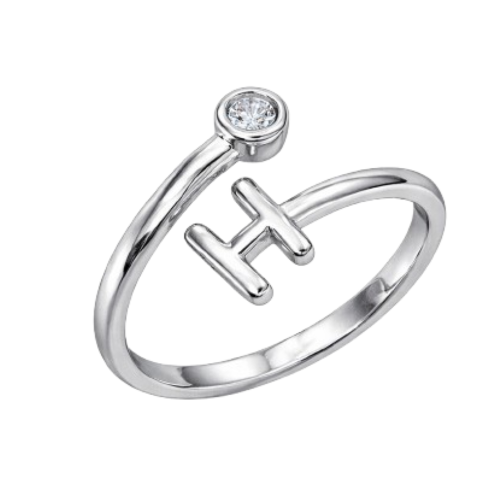 Elegant silver plated Alphabet H initial ring with sparkling cubic zirconia stone, minimalist designer finger ring for women and girls, perfect for daily wear, gifting, parties, and special occasions.