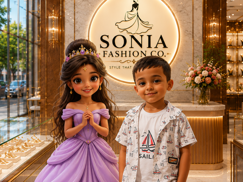 A young boy stands in a luxury jewelry boutique next to a large, stylized cartoon girl wearing a lavender gown. The background features a prominent circular sign reading 'SONIA FASHION CO.
