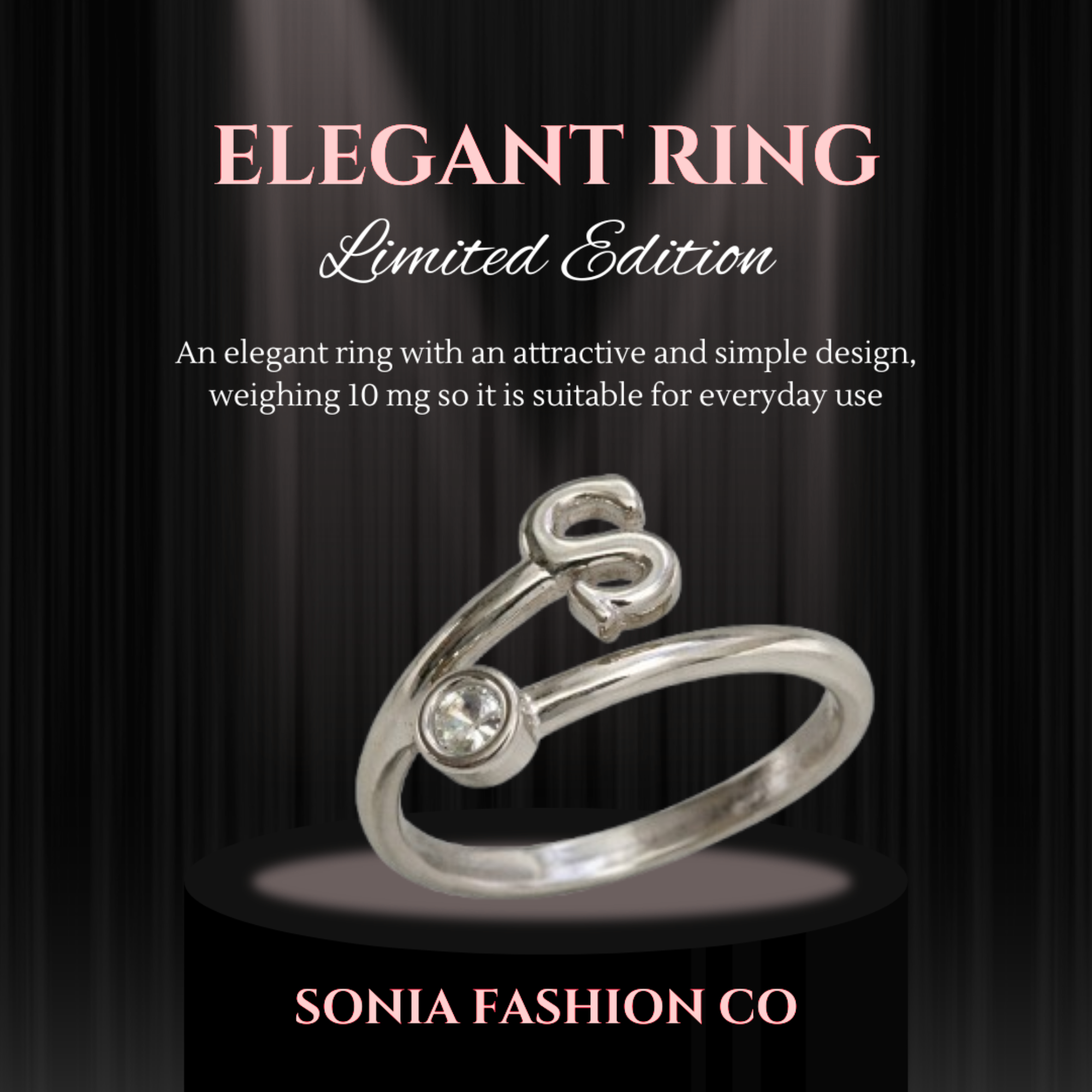 Alphabet S Silver Plated Crystal Ring for Women