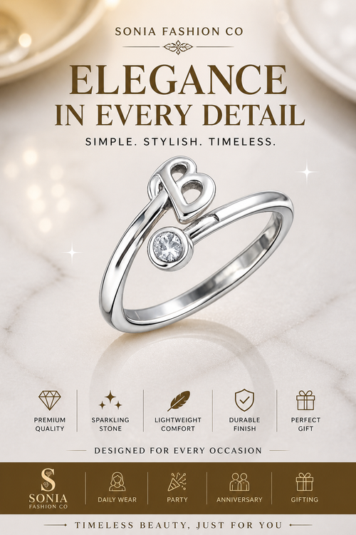 Alphabet B Silver Plated Crystal Ring for Women