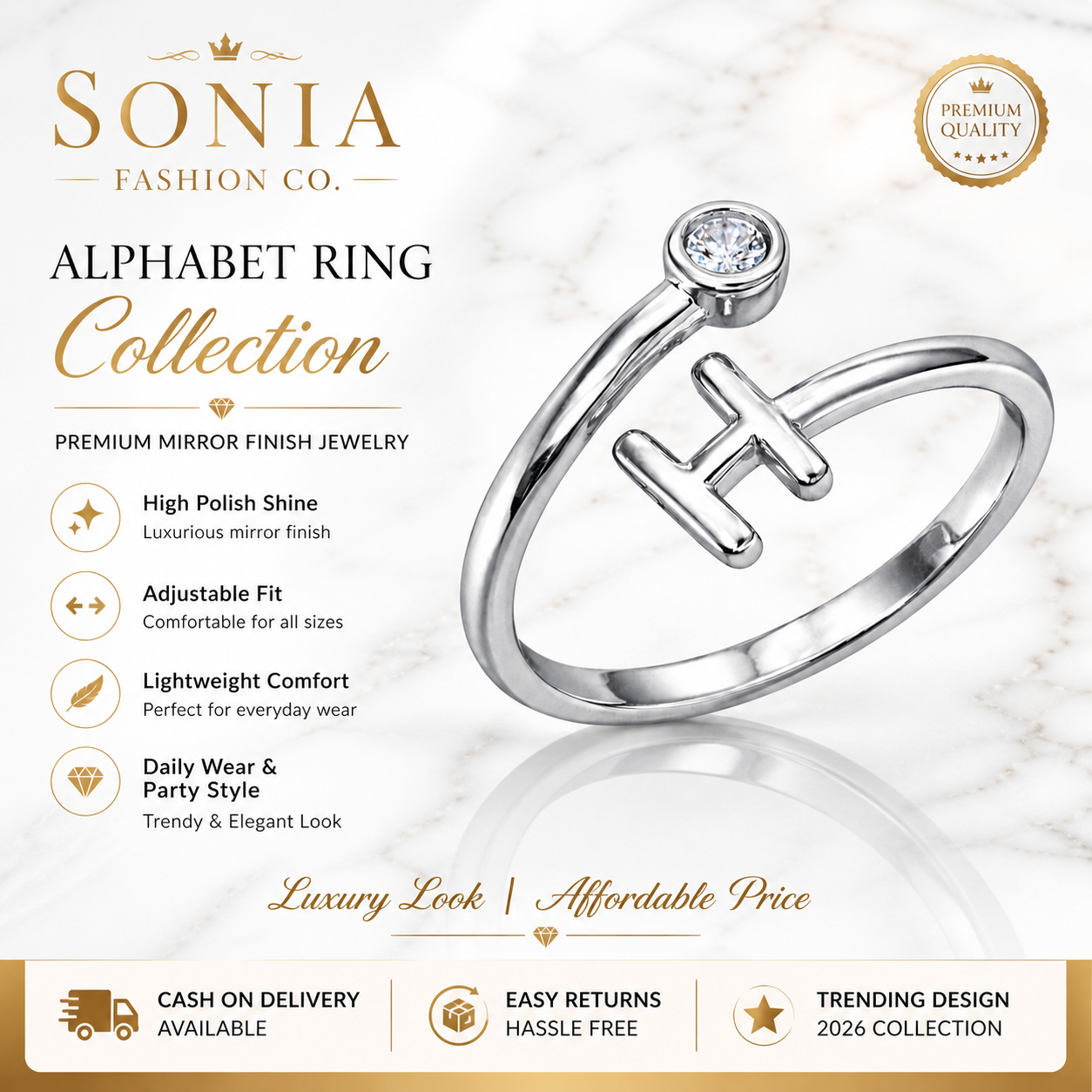 Alphabet H Silver Plated Crystal Ring for Women