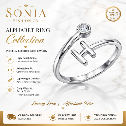 Alphabet H Silver Plated Crystal Ring for Women