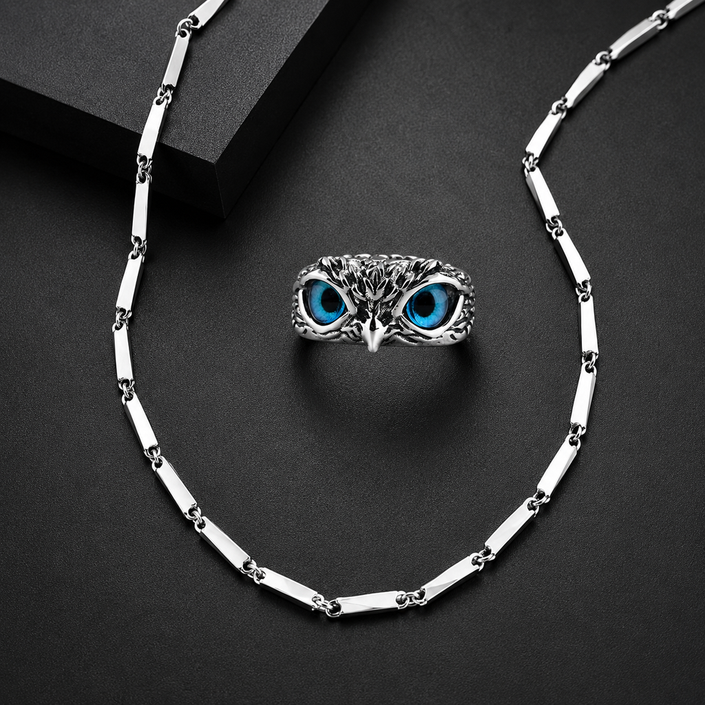 Owl Eye Ring with Silver Tone Chain