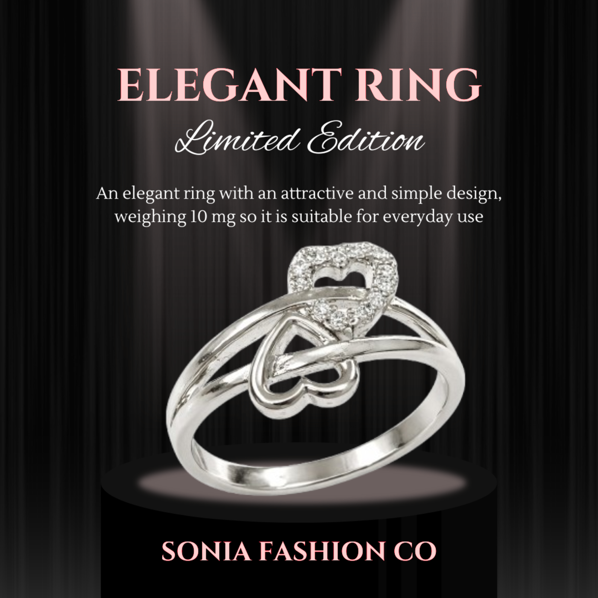 Elegant Silver Plated Double Heart Crystal Ring for Women