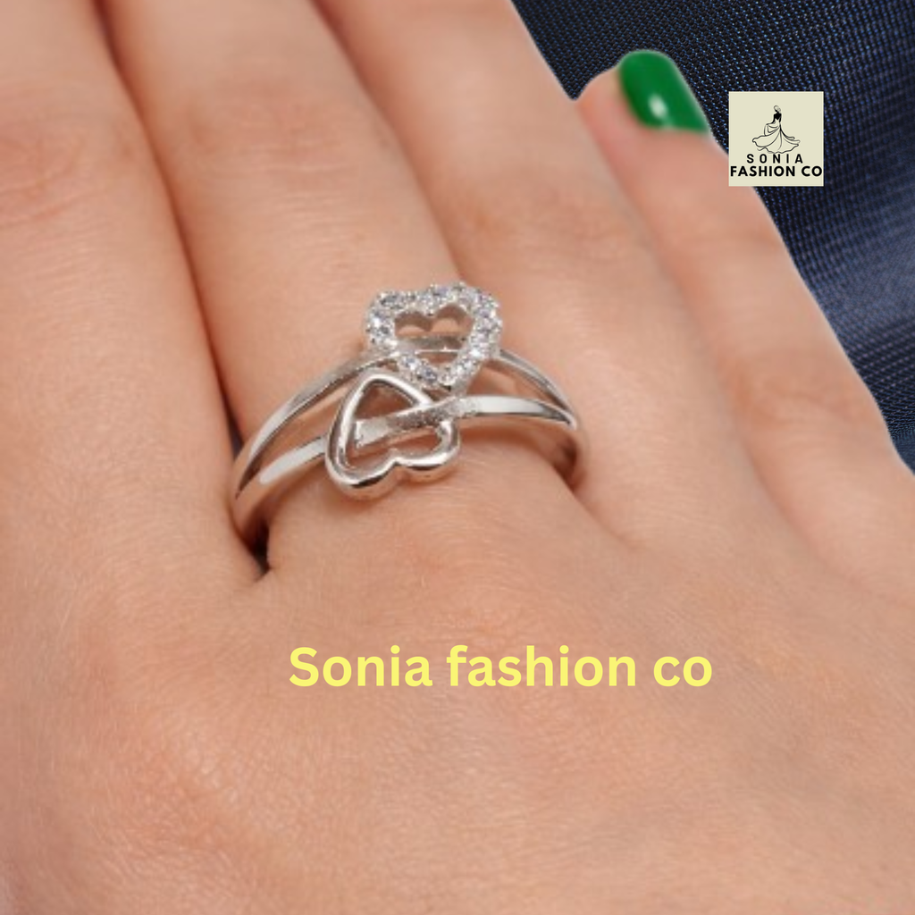 Elegant Silver Plated Double Heart Crystal Ring for Women