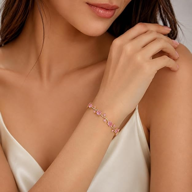 Pink Crystal Tulip Flower Bracelet for Women